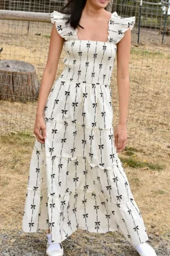 Outlet Dear-Lover Bow Print Smocked Square Neck Ruffle Tiered Maxi Dress Black