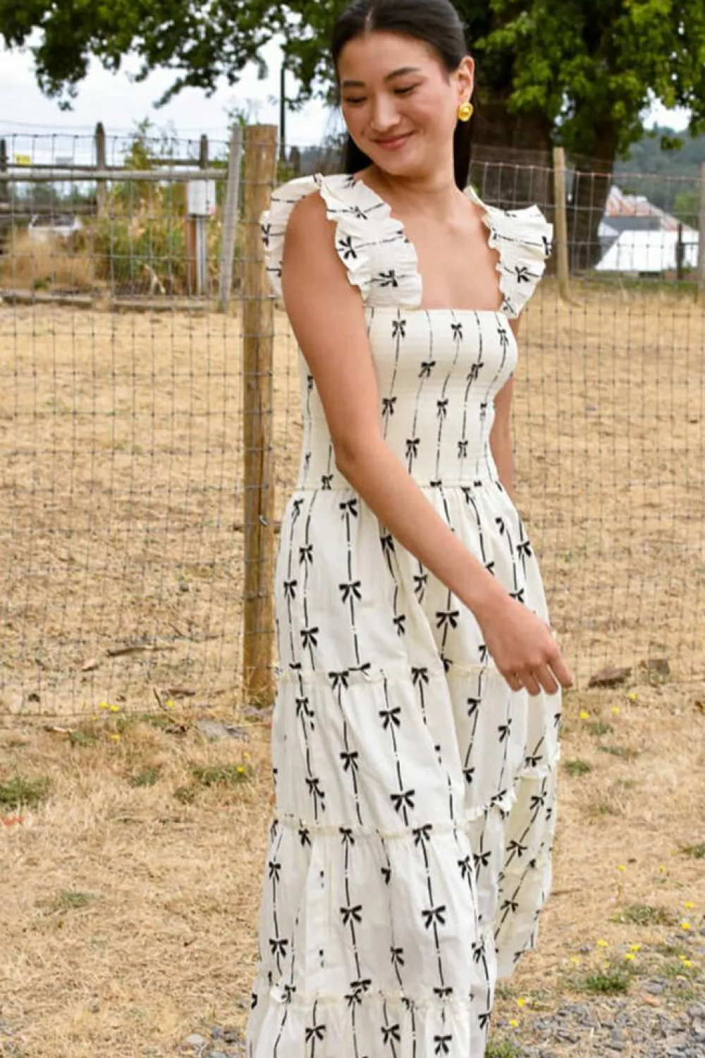 Outlet Dear-Lover Bow Print Smocked Square Neck Ruffle Tiered Maxi Dress Black