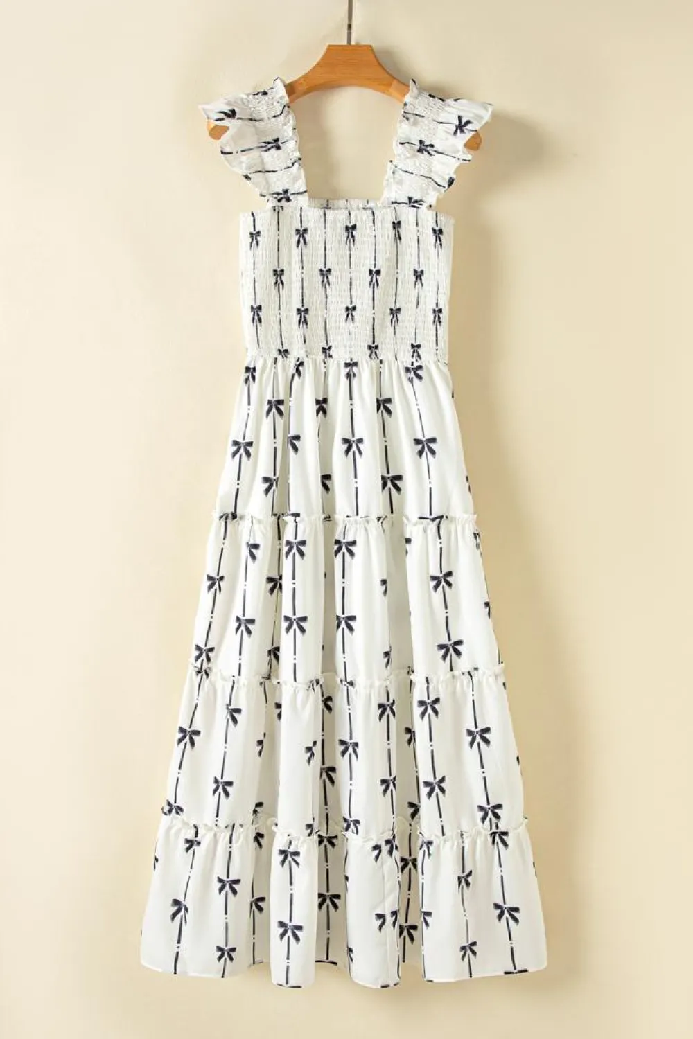 Outlet Dear-Lover Bow Print Smocked Square Neck Ruffle Tiered Maxi Dress Black