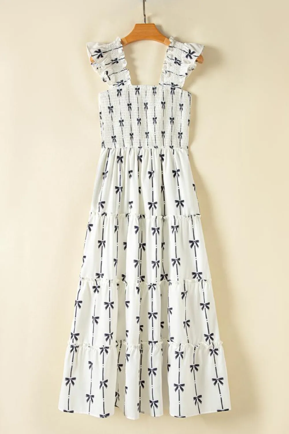 Outlet Dear-Lover Bow Print Smocked Square Neck Ruffle Tiered Maxi Dress Black