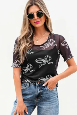 Fashion Dear-Lover Bow Printed Mesh Short Sleeve Top Black