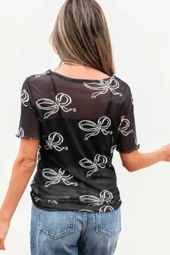 Fashion Dear-Lover Bow Printed Mesh Short Sleeve Top Black