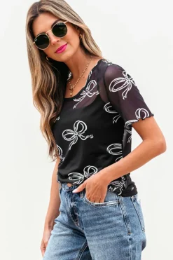 Fashion Dear-Lover Bow Printed Mesh Short Sleeve Top Black