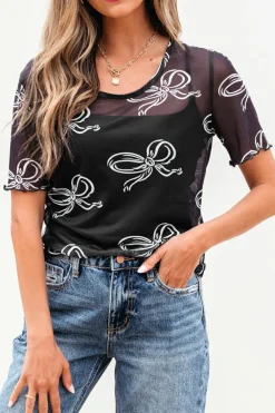 Fashion Dear-Lover Bow Printed Mesh Short Sleeve Top Black