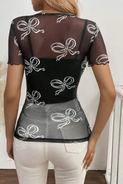 Fashion Dear-Lover Bow Printed Mesh Short Sleeve Top Black
