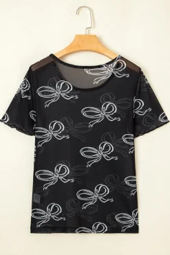 Fashion Dear-Lover Bow Printed Mesh Short Sleeve Top Black