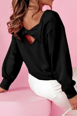 Sale Dear-Lover Bowknot Dewback Round Neck Sweatshirt Black