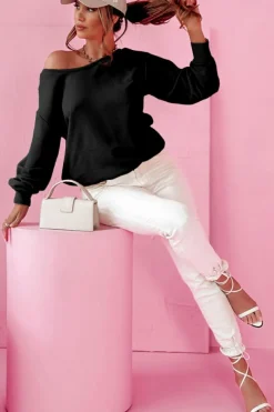 Sale Dear-Lover Bowknot Dewback Round Neck Sweatshirt Black