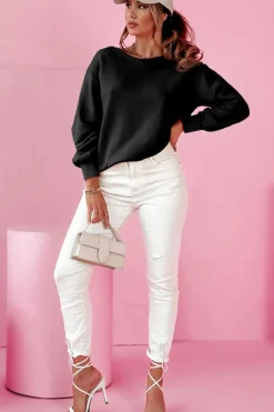 Sale Dear-Lover Bowknot Dewback Round Neck Sweatshirt Black
