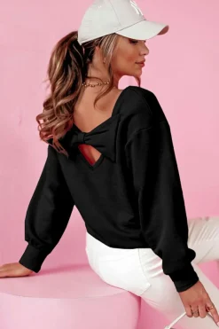 Sale Dear-Lover Bowknot Dewback Round Neck Sweatshirt Black