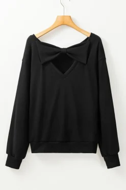 Sale Dear-Lover Bowknot Dewback Round Neck Sweatshirt Black