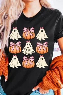 Best Dear-Lover Bowknot Ghost Pumpkin Graphic Halloween T Shirt Black