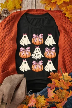 Best Dear-Lover Bowknot Ghost Pumpkin Graphic Halloween T Shirt Black