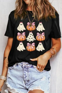 Best Dear-Lover Bowknot Ghost Pumpkin Graphic Halloween T Shirt Black