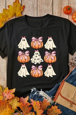 Best Dear-Lover Bowknot Ghost Pumpkin Graphic Halloween T Shirt Black