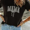 Fashion Dear-Lover Bowknot MAMA Embroidered Crewneck Mothers Day T Shirt Black