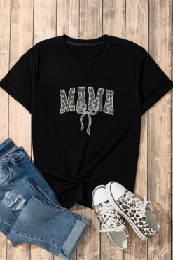 Fashion Dear-Lover Bowknot MAMA Embroidered Crewneck Mothers Day T Shirt Black