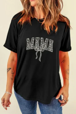 Fashion Dear-Lover Bowknot MAMA Embroidered Crewneck Mothers Day T Shirt Black