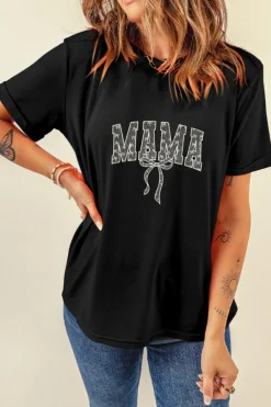Fashion Dear-Lover Bowknot MAMA Embroidered Crewneck Mothers Day T Shirt Black