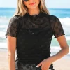 Clearance Dear-Lover Bowknot Sheer Mesh Mock Neck Lettuce Trim Short Sleeve Top Black