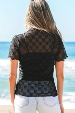 Clearance Dear-Lover Bowknot Sheer Mesh Mock Neck Lettuce Trim Short Sleeve Top Black