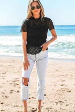 Clearance Dear-Lover Bowknot Sheer Mesh Mock Neck Lettuce Trim Short Sleeve Top Black