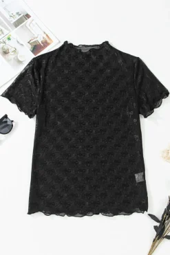 Clearance Dear-Lover Bowknot Sheer Mesh Mock Neck Lettuce Trim Short Sleeve Top Black