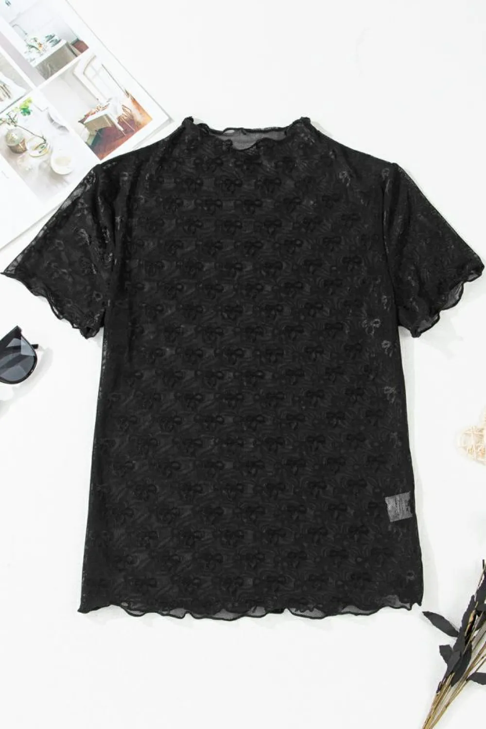 Clearance Dear-Lover Bowknot Sheer Mesh Mock Neck Lettuce Trim Short Sleeve Top Black