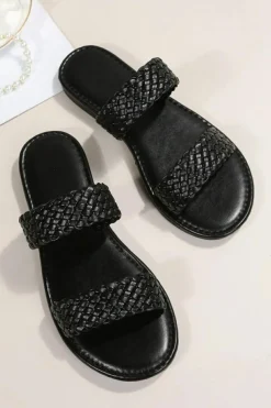 Hot Dear-Lover Braided Double Band Leathered Flat Slippers Black