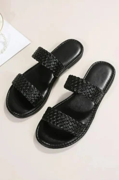 Hot Dear-Lover Braided Double Band Leathered Flat Slippers Black
