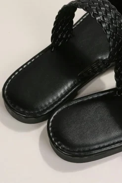 Hot Dear-Lover Braided Double Band Leathered Flat Slippers Black