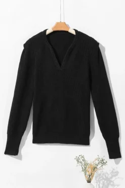 Clearance Dear-Lover Braided Notched V Neckline Puff Sleeve Knitted Sweater Black