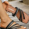 Hot Dear-Lover Braided Strappy Square Toe PU Flat Slippers Black