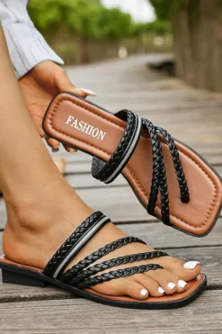 Hot Dear-Lover Braided Strappy Square Toe PU Flat Slippers Black