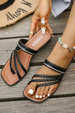 Hot Dear-Lover Braided Strappy Square Toe PU Flat Slippers Black