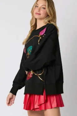 Fashion Dear-Lover Bright Christmas Lights Sequined Oversized Sweatshirt Black