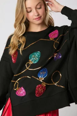 Fashion Dear-Lover Bright Christmas Lights Sequined Oversized Sweatshirt Black