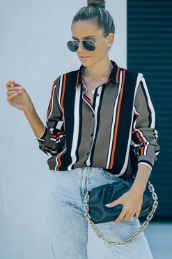 Online Dear-Lover Brown Striped Modern Women Shirt Black