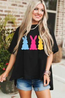 New Dear-Lover Bunny Graphic Drop Shoulder Hi Low Casual Tee Black