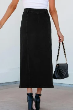 Best Dear-Lover Button Fly Side Split High Waist Denim Midi Skirt Black