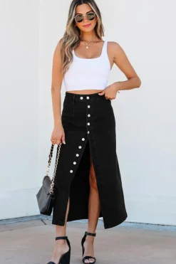 Best Dear-Lover Button Fly Side Split High Waist Denim Midi Skirt Black