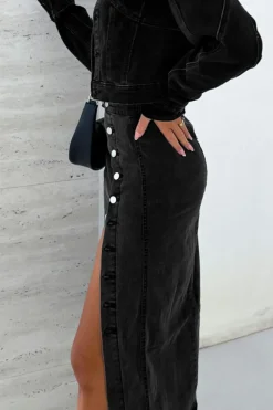 Best Dear-Lover Button Fly Side Split High Waist Denim Midi Skirt Black