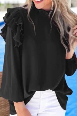 Discount Dear-Lover Button Keyhole Back Pleated Ruffle Trim Blouse Black