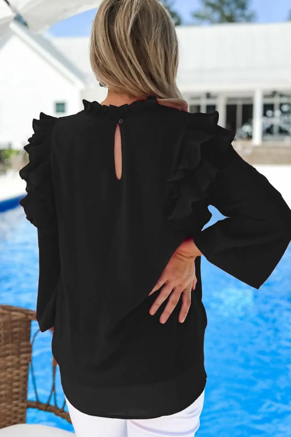 Discount Dear-Lover Button Keyhole Back Pleated Ruffle Trim Blouse Black