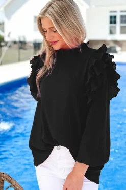Discount Dear-Lover Button Keyhole Back Pleated Ruffle Trim Blouse Black