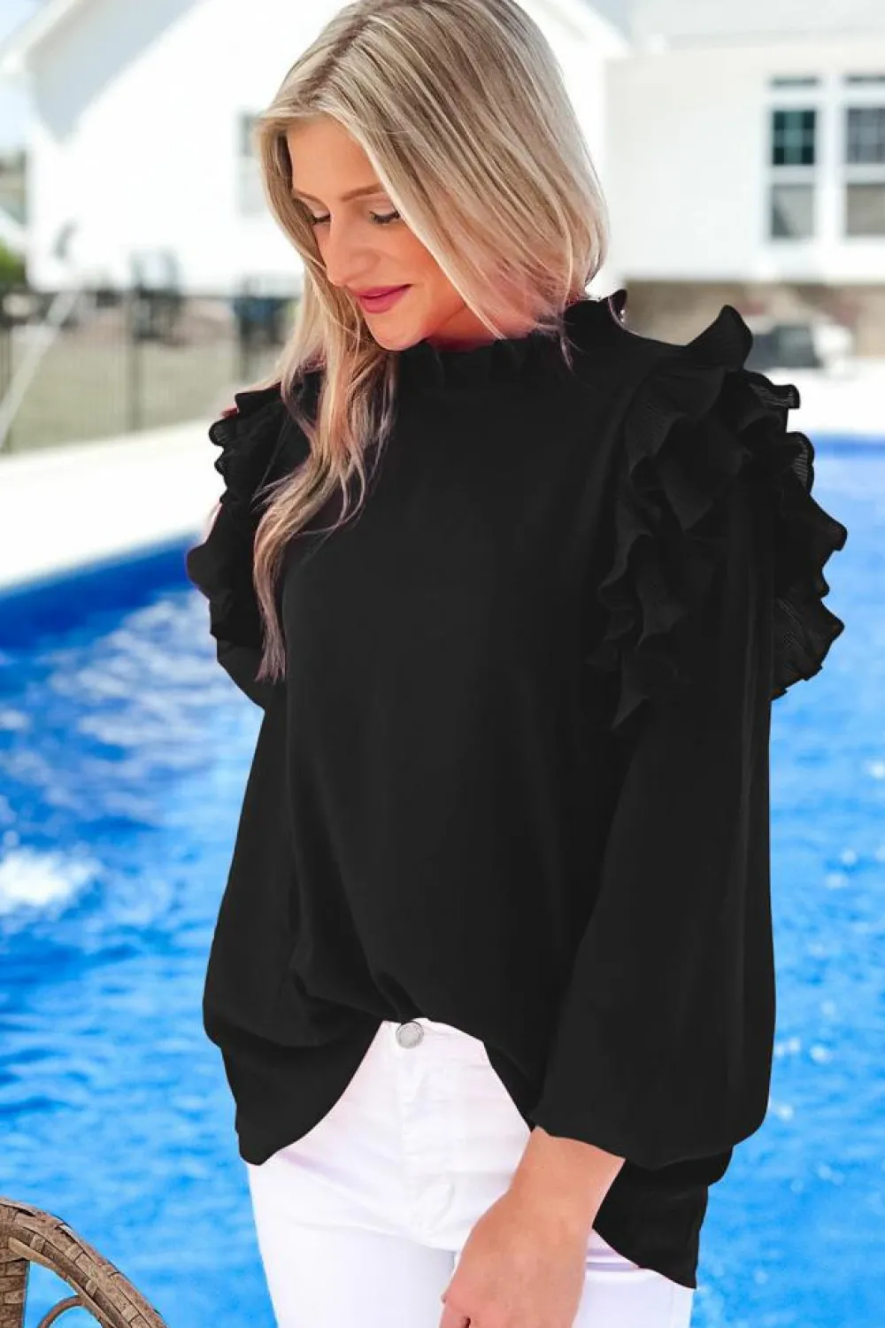 Discount Dear-Lover Button Keyhole Back Pleated Ruffle Trim Blouse Black