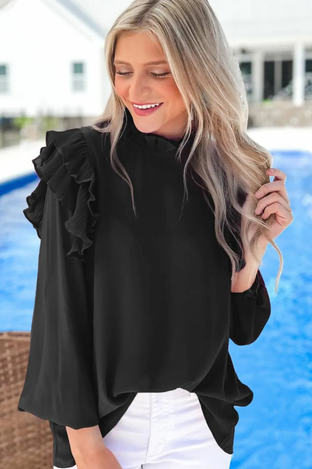 Discount Dear-Lover Button Keyhole Back Pleated Ruffle Trim Blouse Black