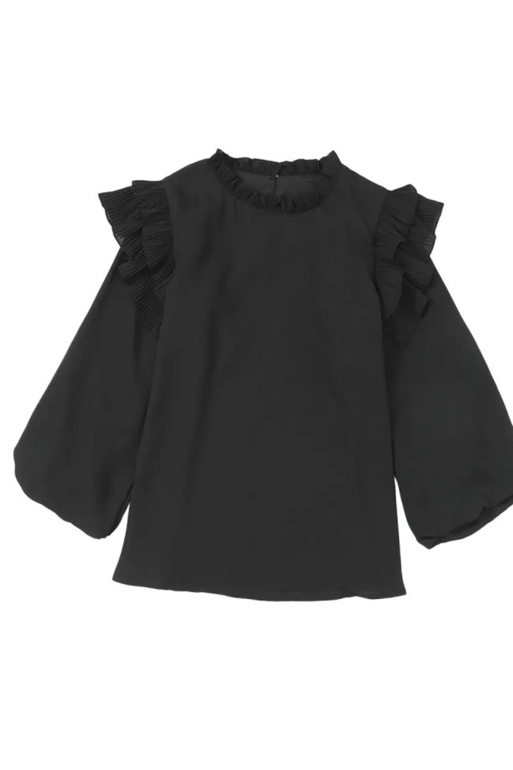 Discount Dear-Lover Button Keyhole Back Pleated Ruffle Trim Blouse Black