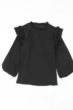 Discount Dear-Lover Button Keyhole Back Pleated Ruffle Trim Blouse Black