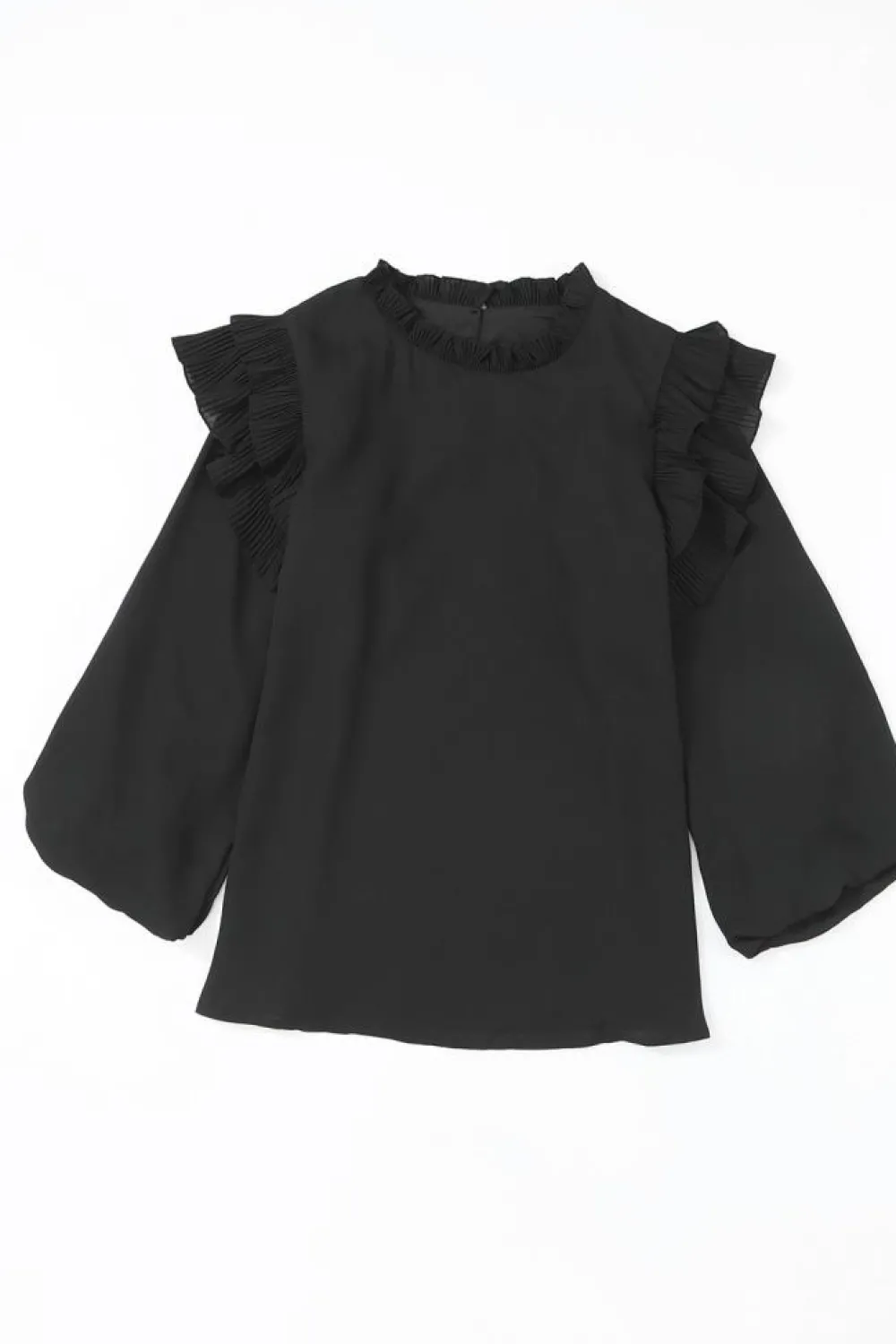 Discount Dear-Lover Button Keyhole Back Pleated Ruffle Trim Blouse Black